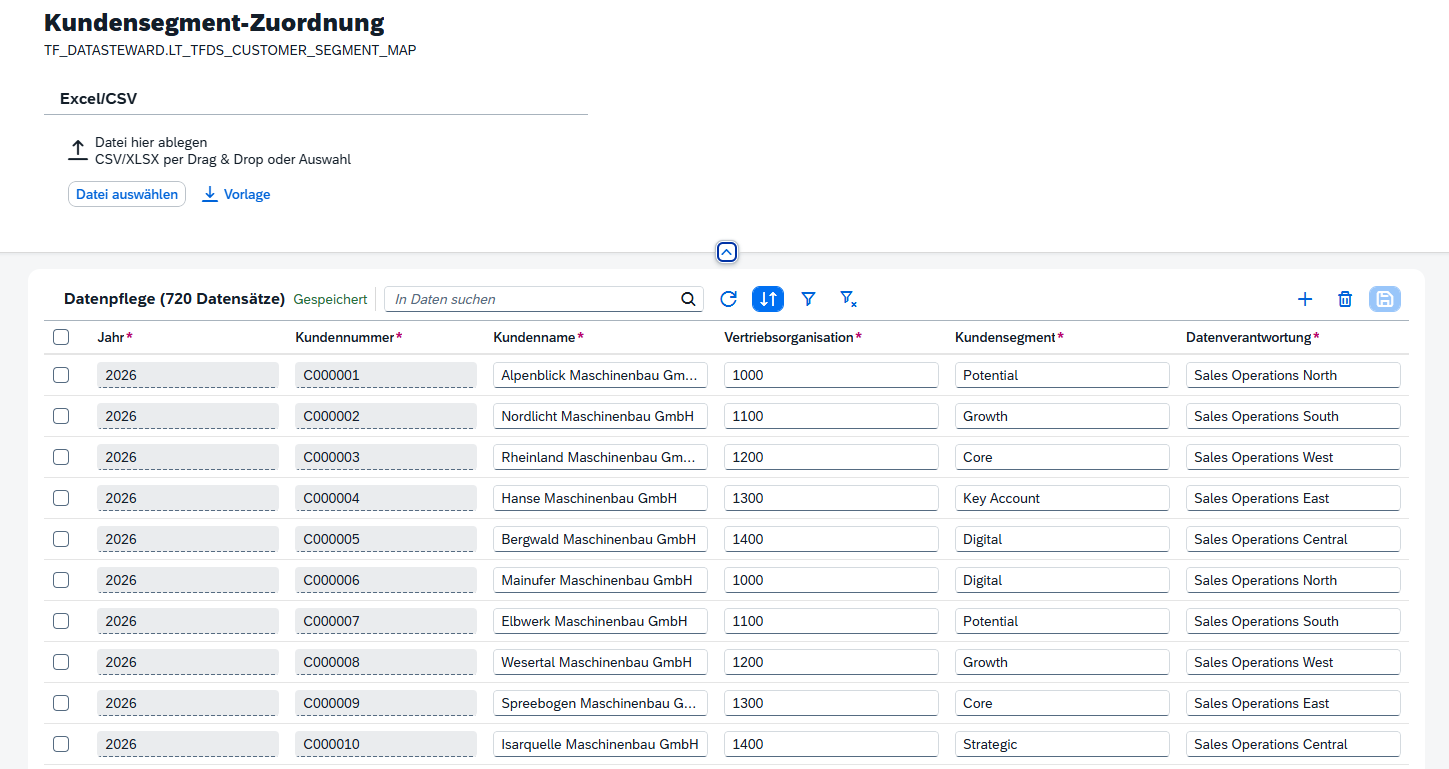 Business Data Maintenance mit editierbarer Kundensegment-Zuordnung